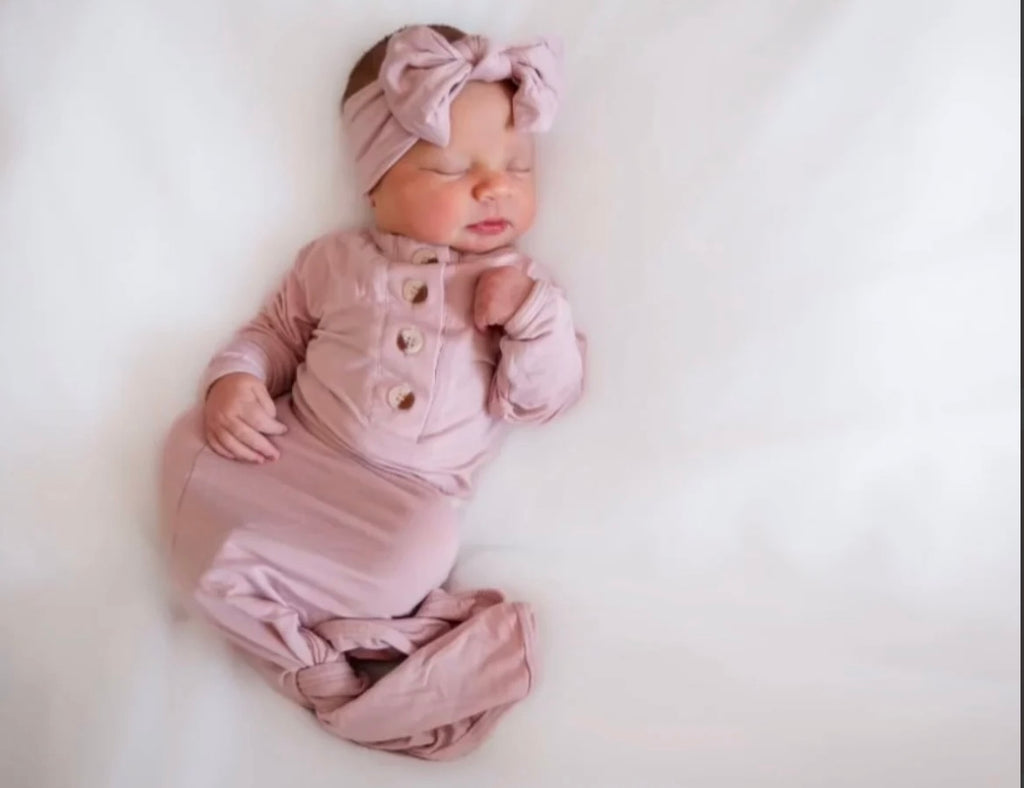 Rose Knotted Baby Gown and Hat Set with Headband - Dusty Rose (Newborn-3 months)