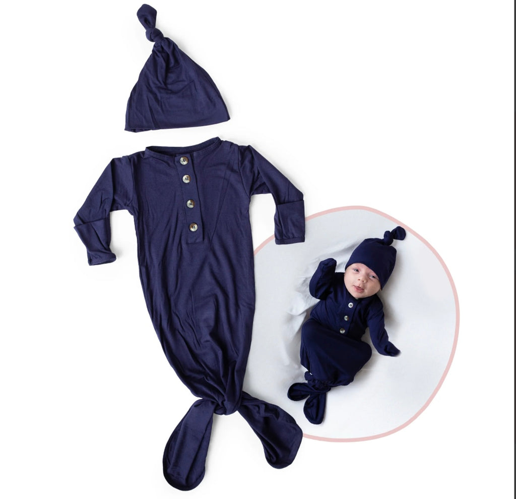 Navy Knotted Baby Gown and Hat Set - Navy Blue (Newborn-3 months)