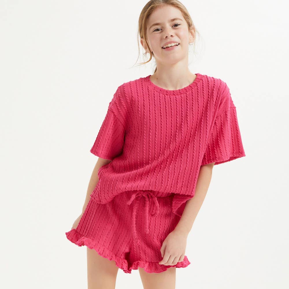 Embossed Ribbed Knit Ruffle Set: Pink / XL