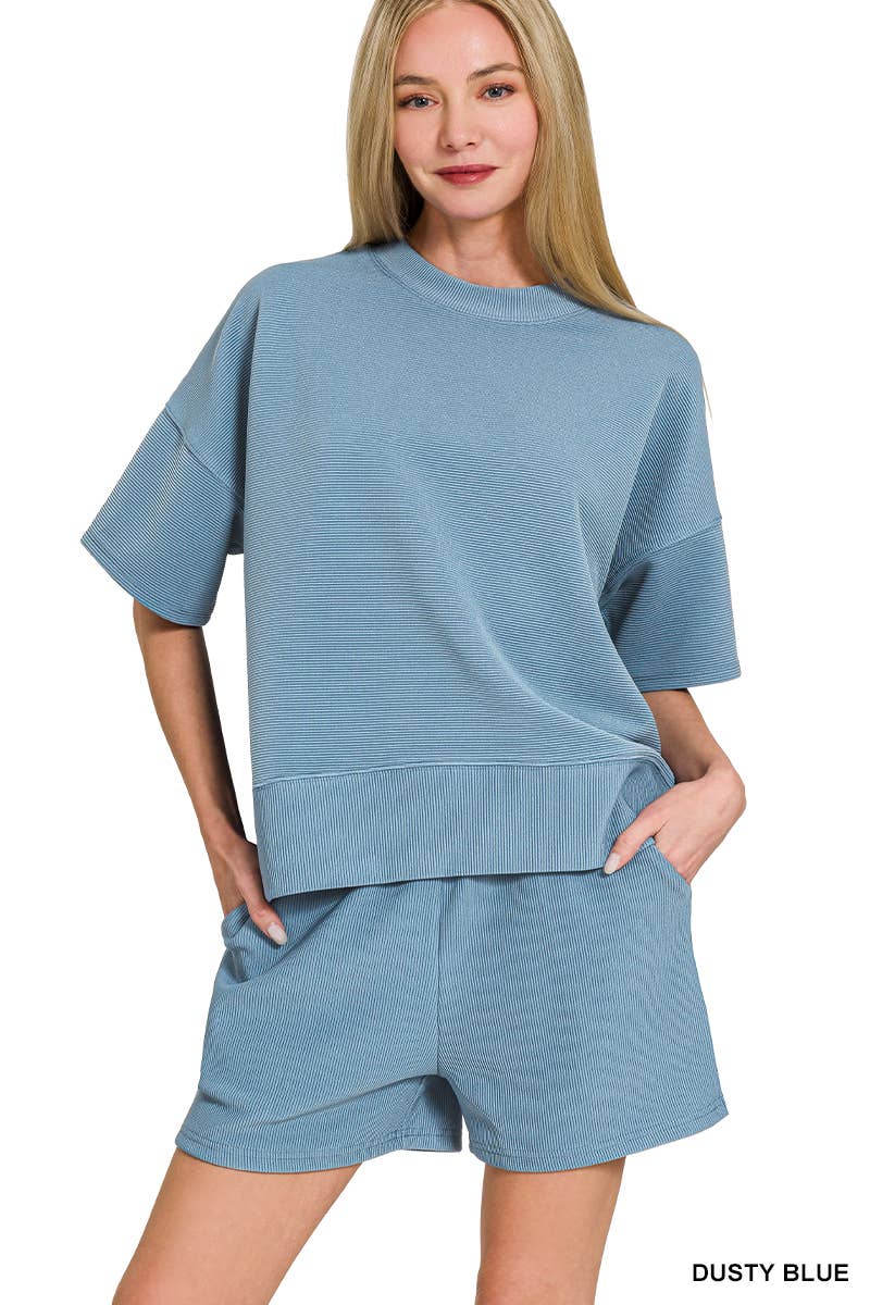 .SI-27738 Ribbed Round Neck Waist Banded Tee & Shorts 2PC Set: SAND BEIGE-180895 / M