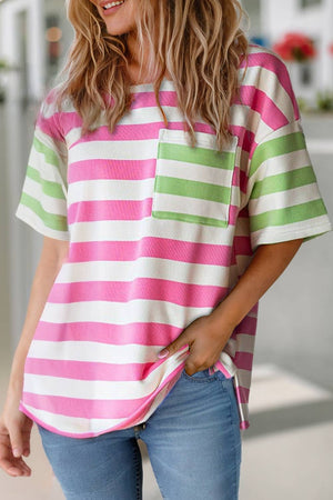 Women Stripe Print Contrast Pocket Loose Fit T Shirt | S-XL: Missy / As shown / S