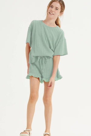 Embossed Ribbed Knit Ruffle Set: Pink / M