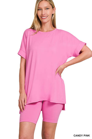 ''. Microfiber Top & Biker Shorts 2 Pc Set: HOT PINK-179723 / L