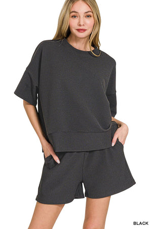 .SI-27738 Ribbed Round Neck Waist Banded Tee & Shorts 2PC Set: SAND BEIGE-180895 / L