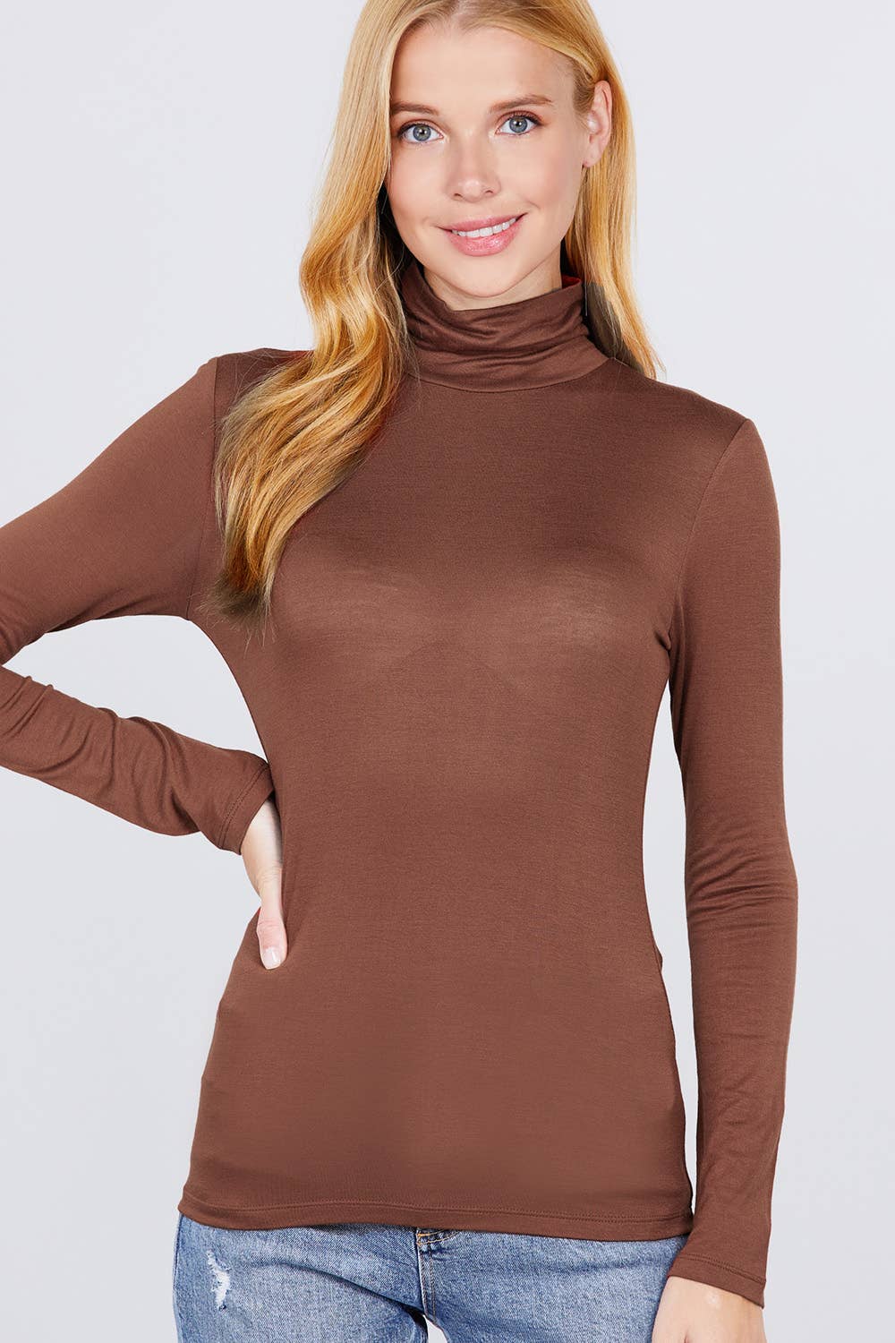 SI-11161 LONG SLEEVE TURTLE NECK FITTED RAYON JERSEY TOP: BLK-black-50455 / S