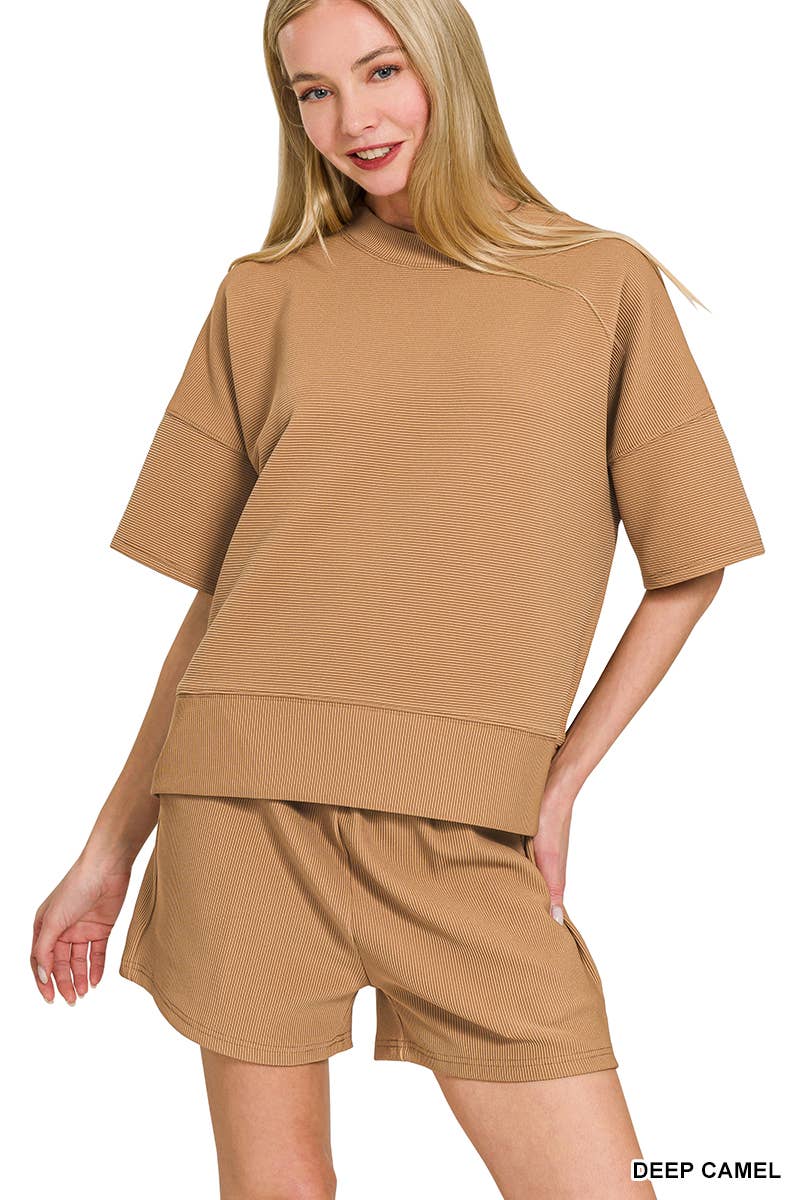.SI-27738 Ribbed Round Neck Waist Banded Tee & Shorts 2PC Set: SAND BEIGE-180895 / L