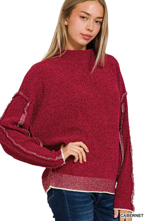 SI-24845 OVERSIZED MOCK NECK RAW SEAM CHENILLE SWEATER: H MOCHA-156120 / S/M