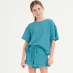 Embossed Ribbed Knit Ruffle Set: Pink / M