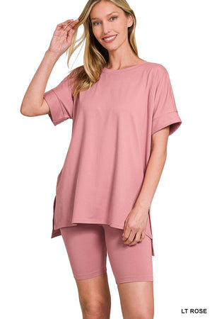 ''. Microfiber Top & Biker Shorts 2 Pc Set: HOT PINK-179723 / L