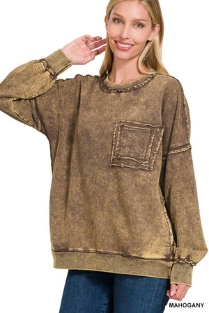 .._ SI-24555 French terry washed raw edge pullover w/ side: ASH BLACK-154211 / S