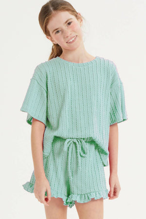 Embossed Ribbed Knit Ruffle Set: Pink / M