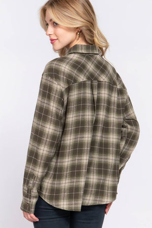 SC155581 FITTED LONG SLV FRONT POCKET PLAID SHIRT: OLV-olive/khaki-155581 / M