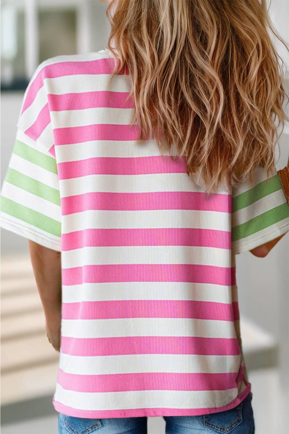 Women Stripe Print Contrast Pocket Loose Fit T Shirt | S-XL: Missy / As shown / XL