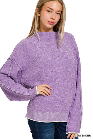 SI-24845 OVERSIZED MOCK NECK RAW SEAM CHENILLE SWEATER: H MOCHA-156120 / S/M