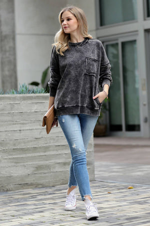 .._ SI-24555 French terry washed raw edge pullover w/ side: ASH BLACK-154211 / S