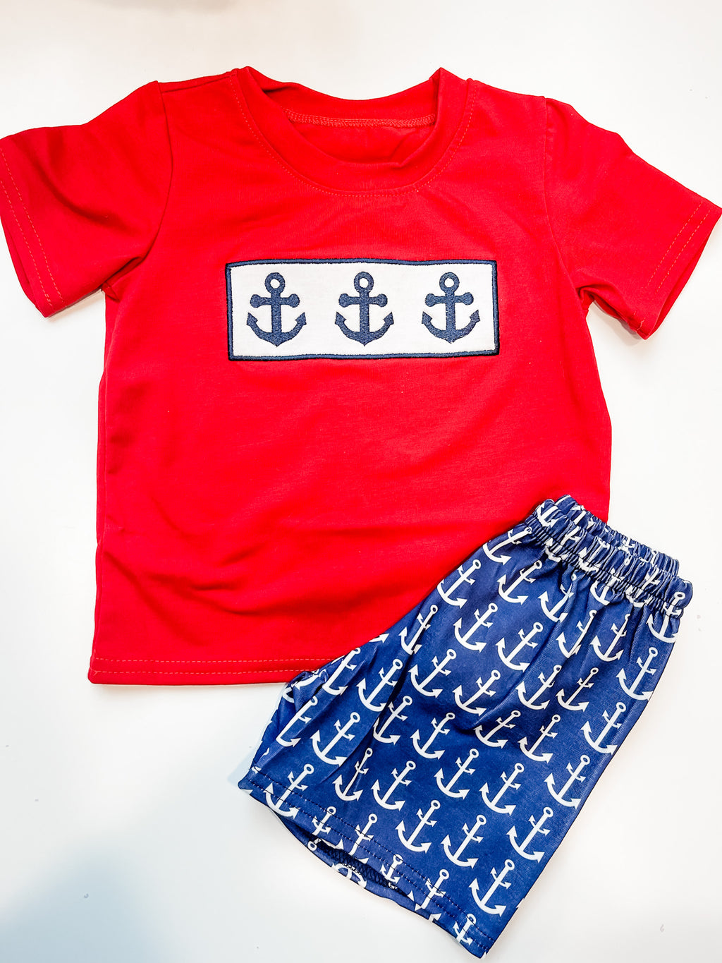 Navy Blue Anchor Embroidery Boy Set