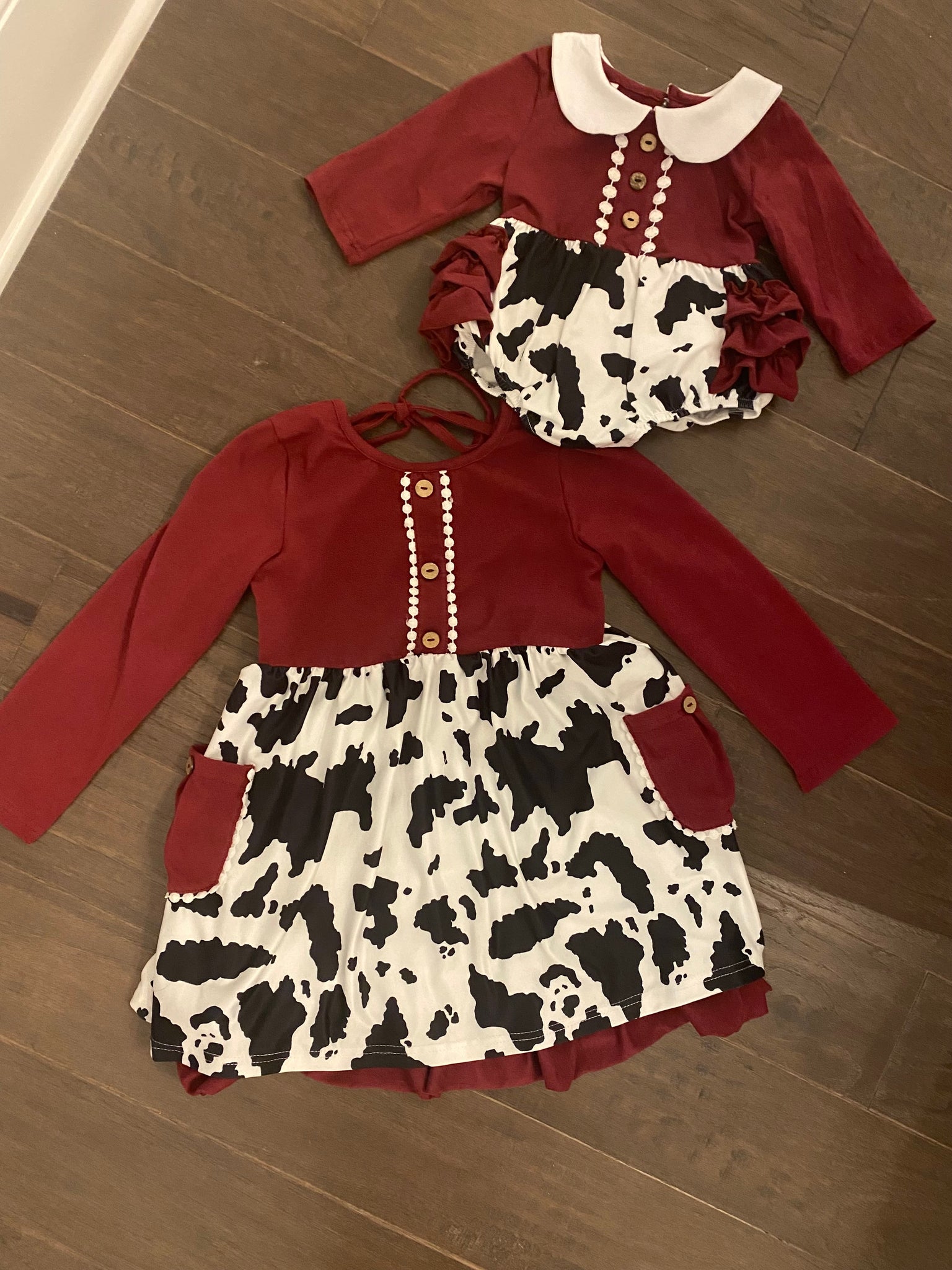 Maroon Cow Print Ruffle Dress